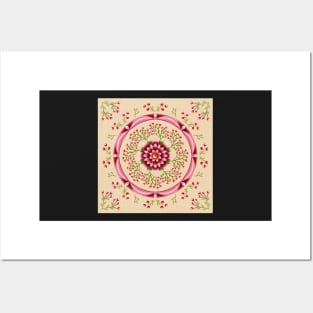 Cherries and Flower Mandala on Pale Yellow Posters and Art